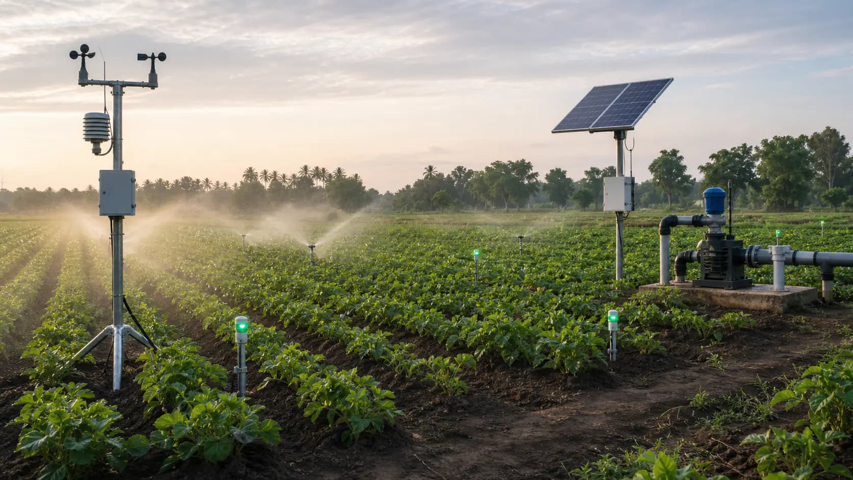 Connected Smart Kheti farm with IoT gateway, irrigation pump, sprinklers, weather station, and wireless field sensors
